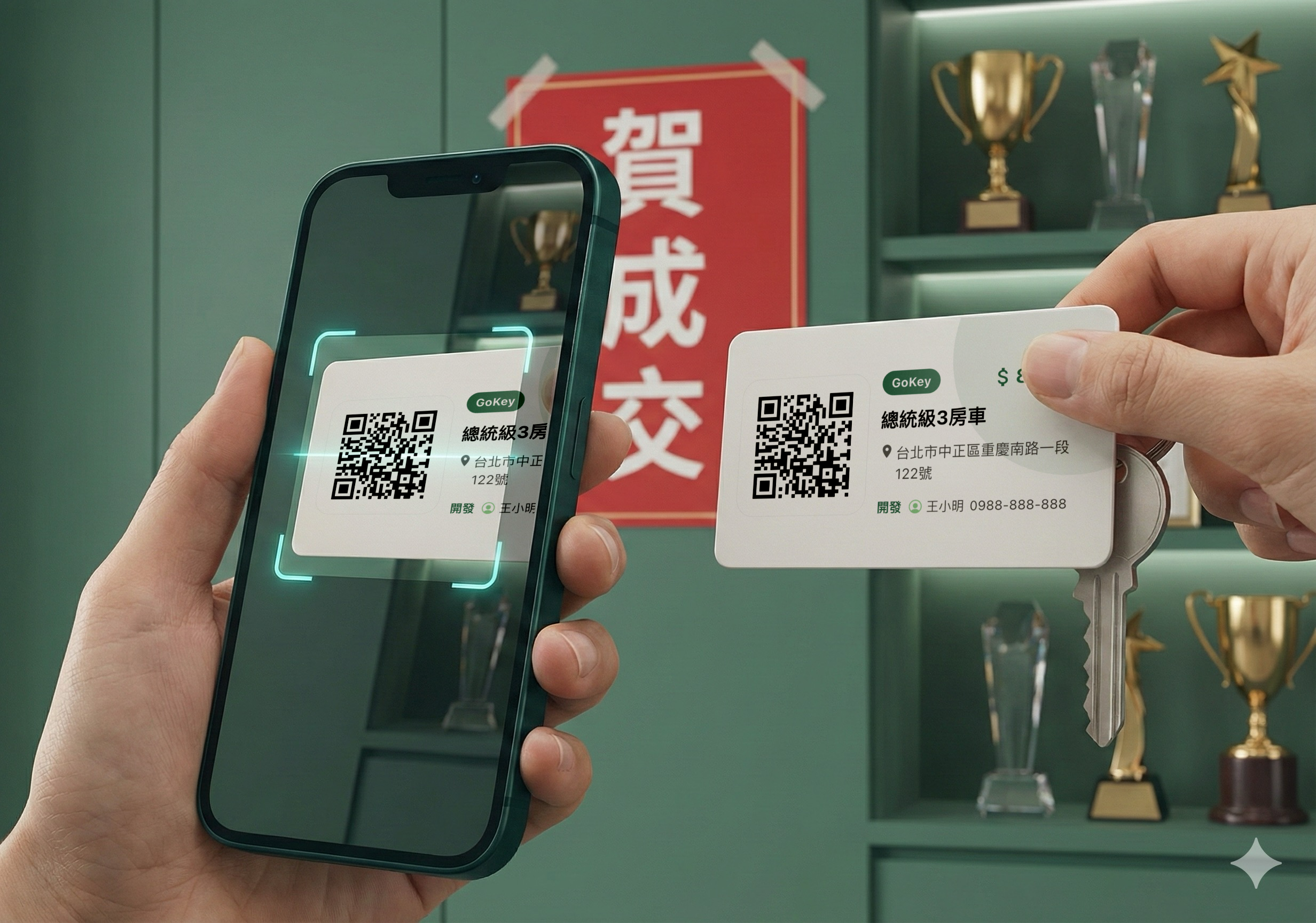 手機掃描鑰匙圈 QR Code 的情境示意圖
